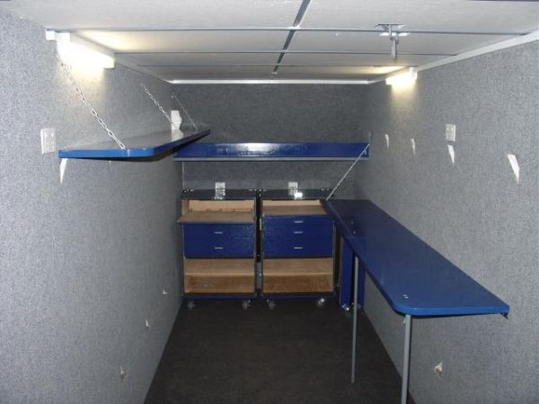 Trailer Construction
This trailer features carpeted walls and floor, interior lights, fold up work benches, power points and lock down road cases
