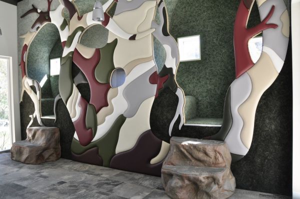 Themed Reading Area
The red gum themed sculpture is made of soft upholstered panels. 
